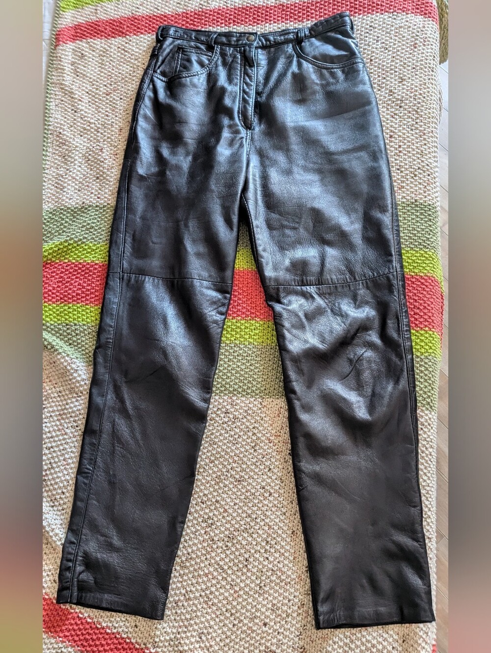 Real Leather Black Straight-Leg Pants Size 13